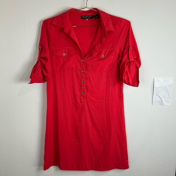 Speed Control Coral Shirt Dress Small Button Front Tab Sleeve Casual Tunic Style - Picture 2 of 12
